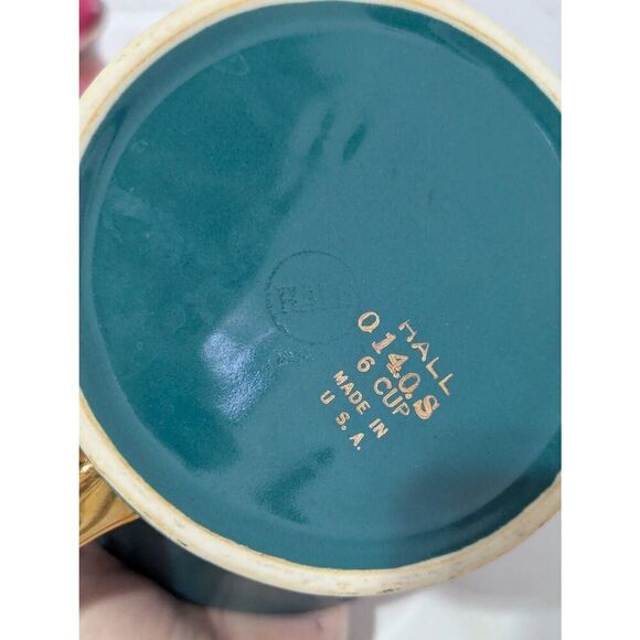 Hall Vintage 6 Cup Teal/Green Tea Pots Gold Accent - Picture 9 of 10